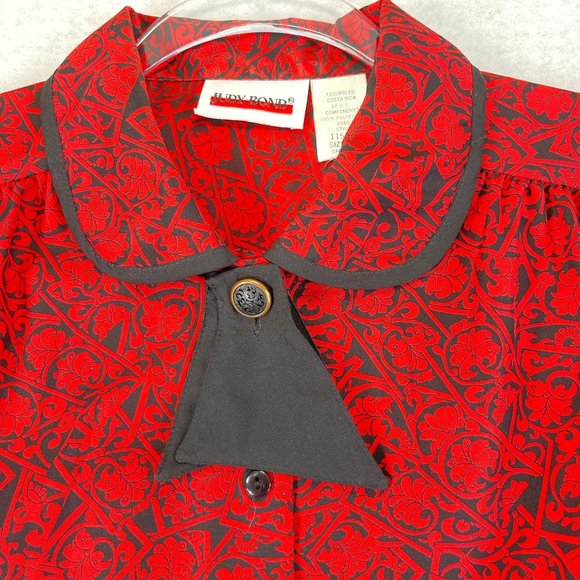 Vintage JUDY BOND Womens 12 Red Black Floral Scroll Button Up Long Sleeve Blouse - Picture 5 of 10